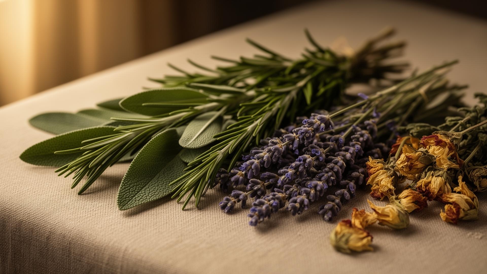 Composição botânica de ervas frescas e flores secas